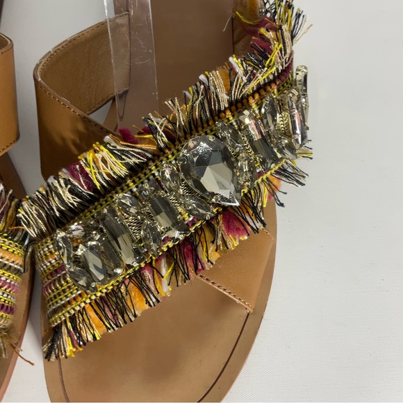 Crown Vintage Somaya Fringe Boho Jeweled Slip on Leather Open Toe Sandals Tan 9M - Picture 6 of 16